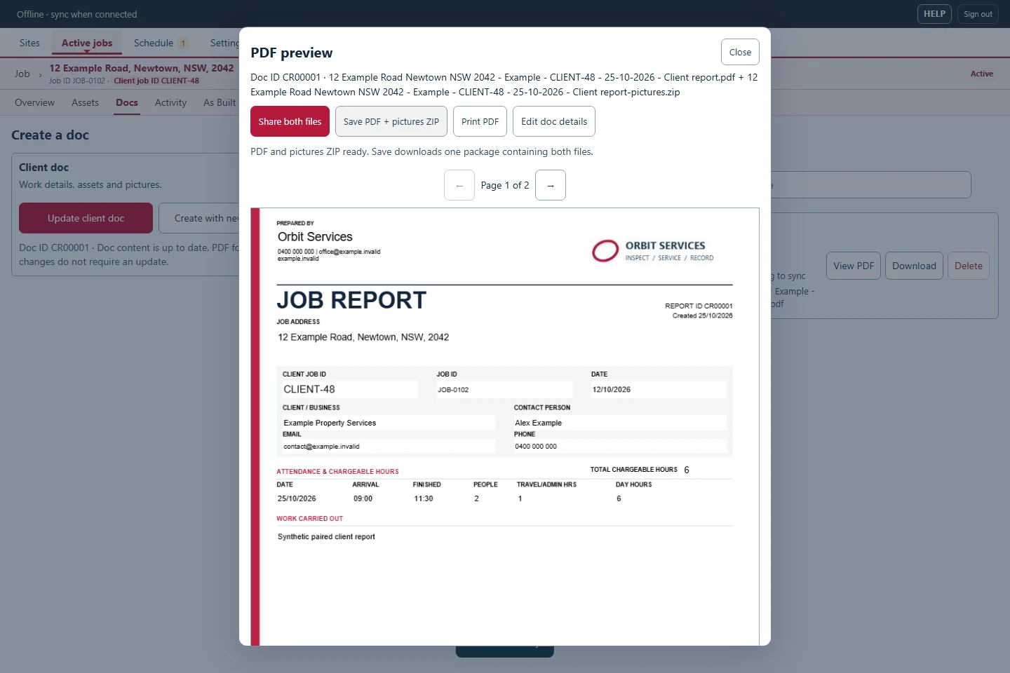 OrbiField PDF preview showing a branded job report with client, site and work details