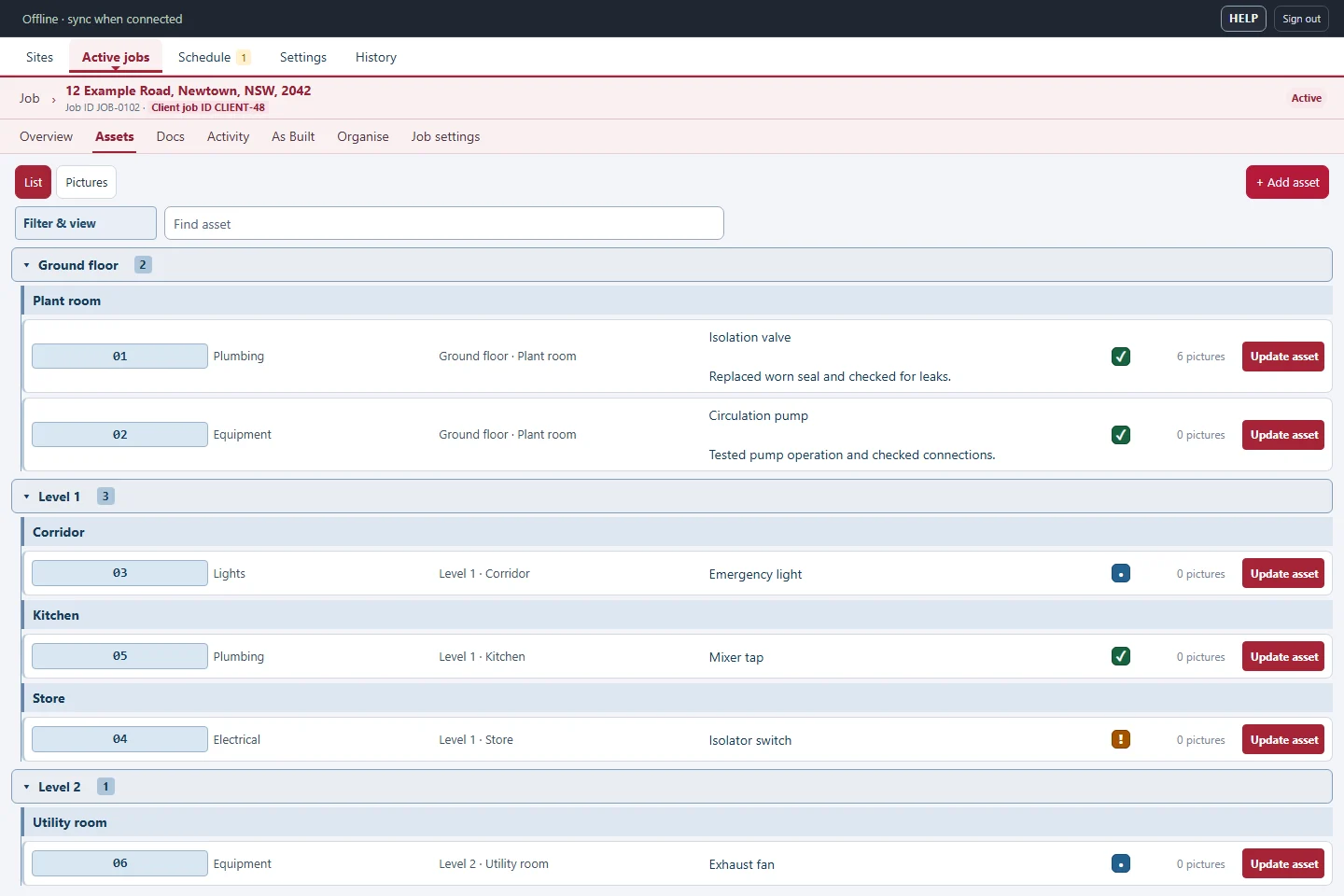OrbiField Assets screen with a job’s assets grouped by floor and location, including notes and recorded results