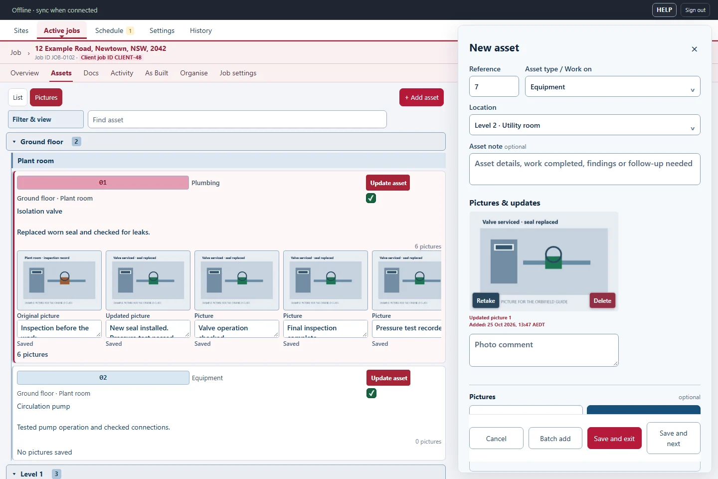 OrbiField asset records with inspection pictures and an open asset editor